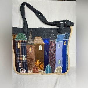 New Artist made navy purse townscape large 16 3/8” long, 13 1/2” tall 3 1/4”